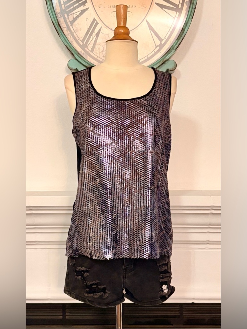 Chico's Iridescent Sequin Tank Top - Black/Purple Sheen